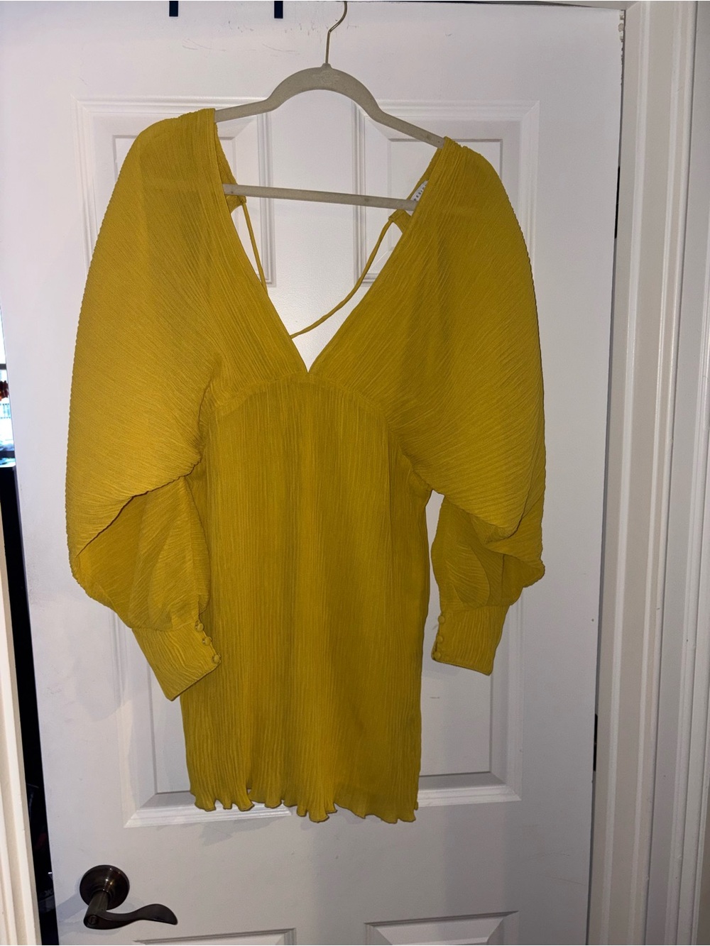 ASOS Mustard Yellow Pleated Mini Dress with Balloon Sleeves